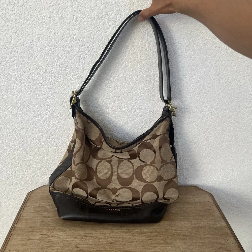 Coach F1271-21149 Signature Canvas Leather Hobo Shoulder Bag Brown Tan Purse